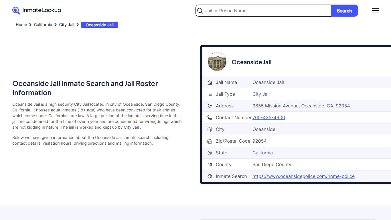 Oceanside Jail Inmate Search and Jail Roster Information - Inmate Lookup